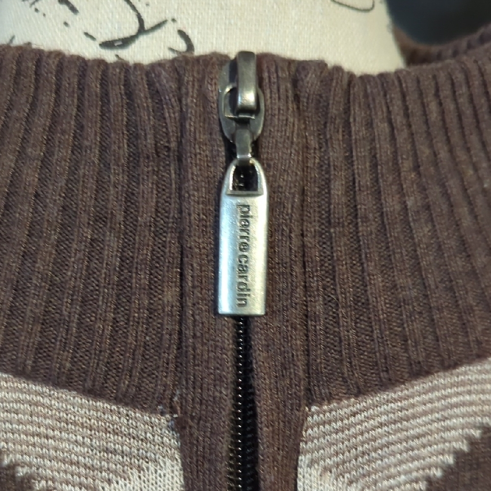 Size L Pierre Cardin Brown Argyle Zip-Front Men's Sweater - Picture 6 of 16